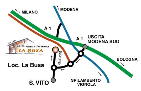 Mappa per raggiungere l'Antica Trattoria La Busa a Spilamberto dall'uscita Modena Sud dell'autostrada A1.